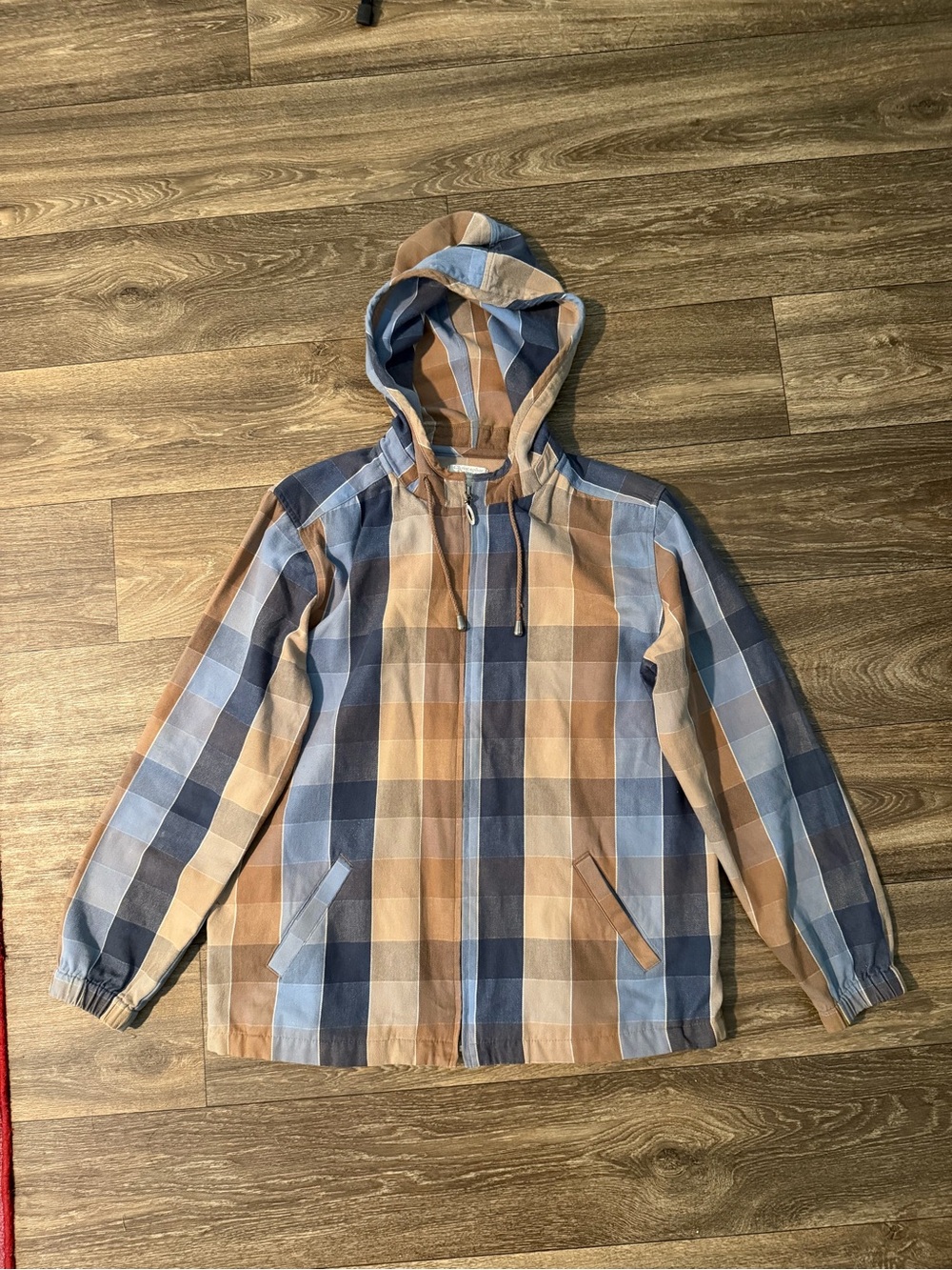 Christopher & Banks Blue and Tan Plaid Hooded Shirt Jacket